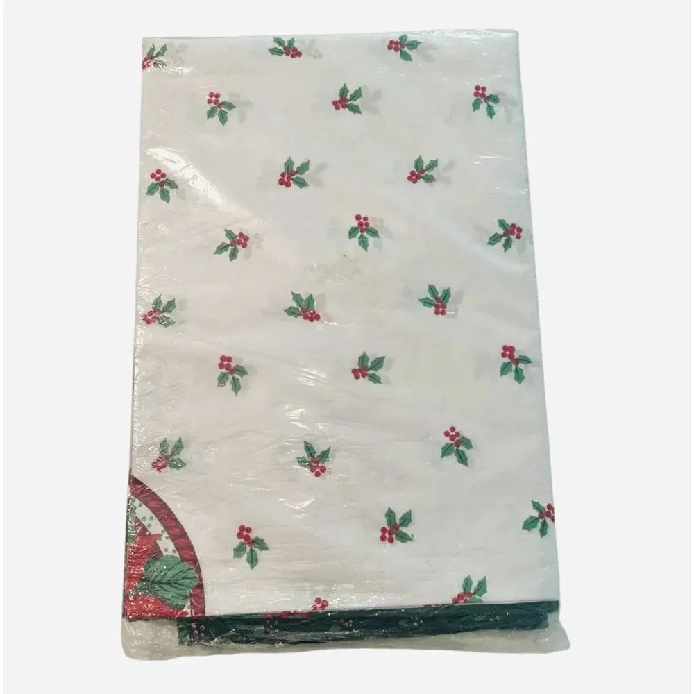 Vintage Christmas Red White Green Tablecloth With Poinsettias Holly 60x102”